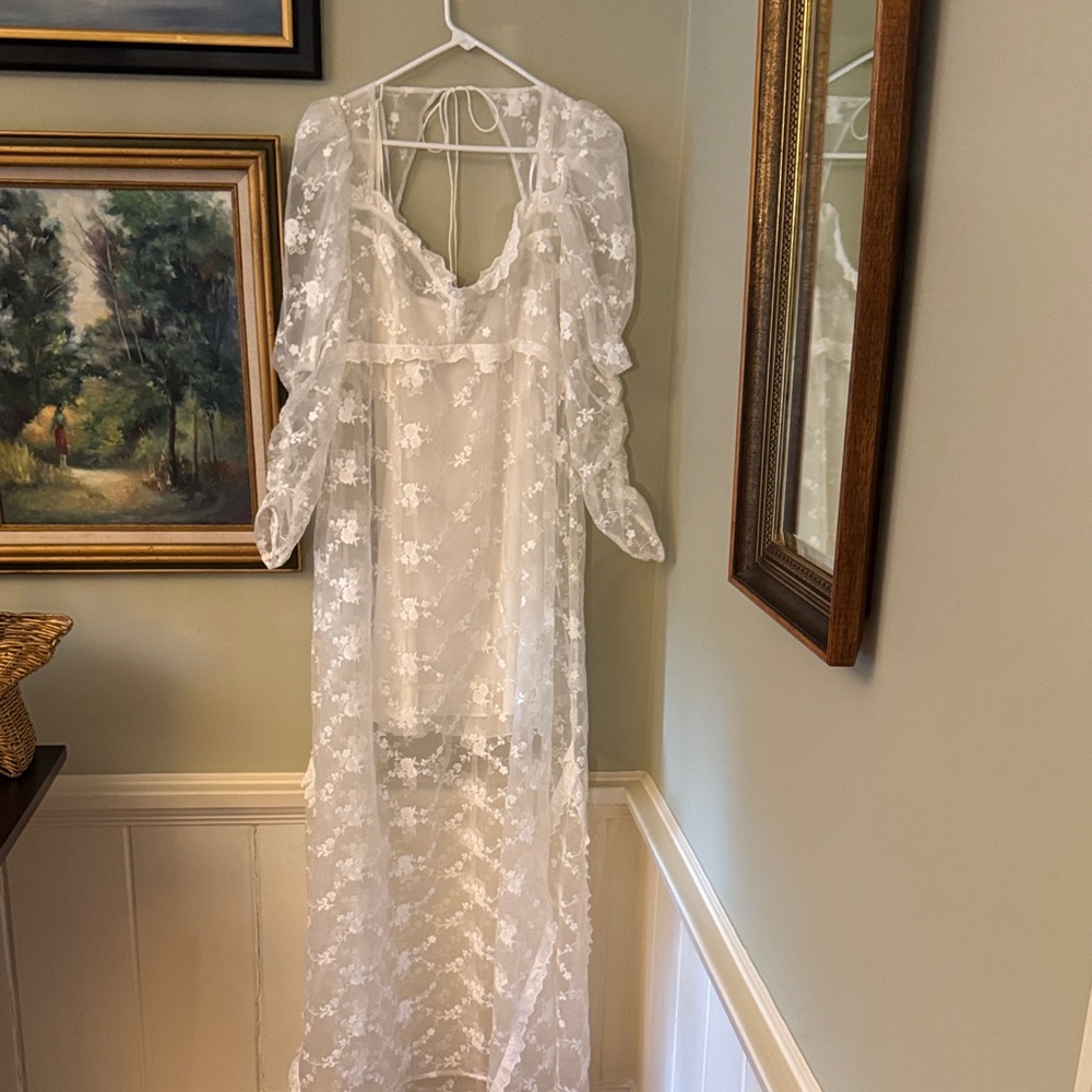 For Love & And Lemons Rawlins Embroidery Puff Sleeve Gown Wedding Dress L Large